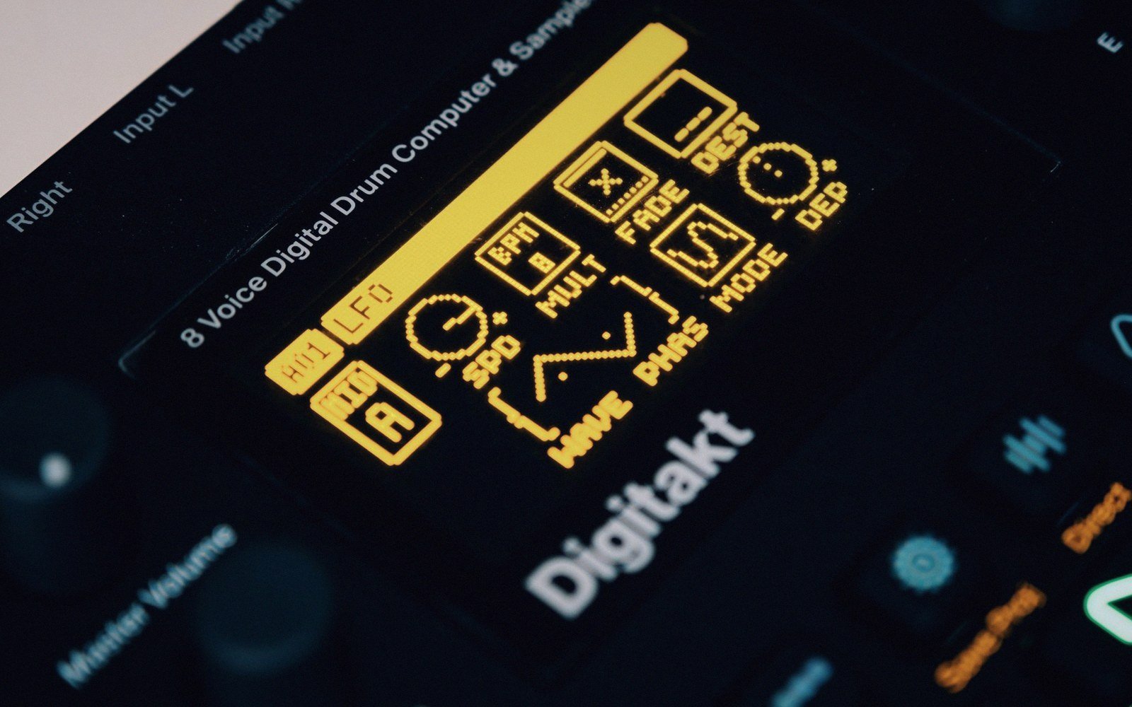 Close-up of a Digitakt drum computer screen showing LFO menu icons in amber