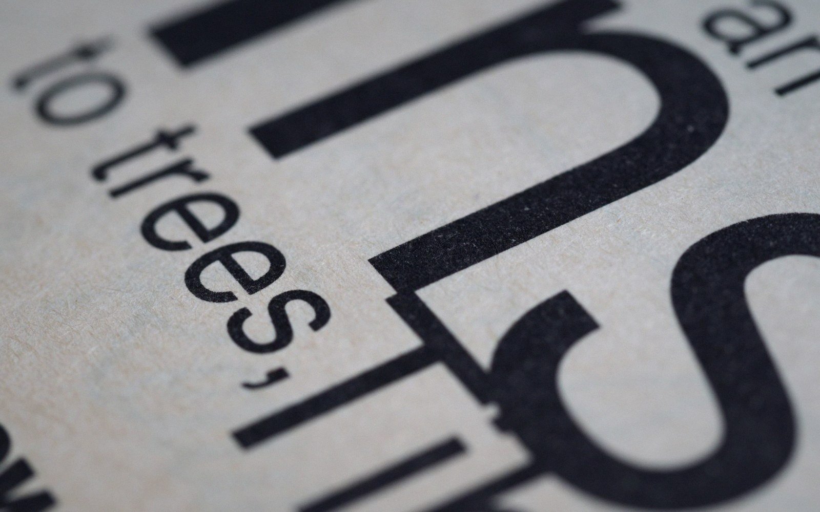 Close-up of large printed black text on textured paper, reading "to trees"