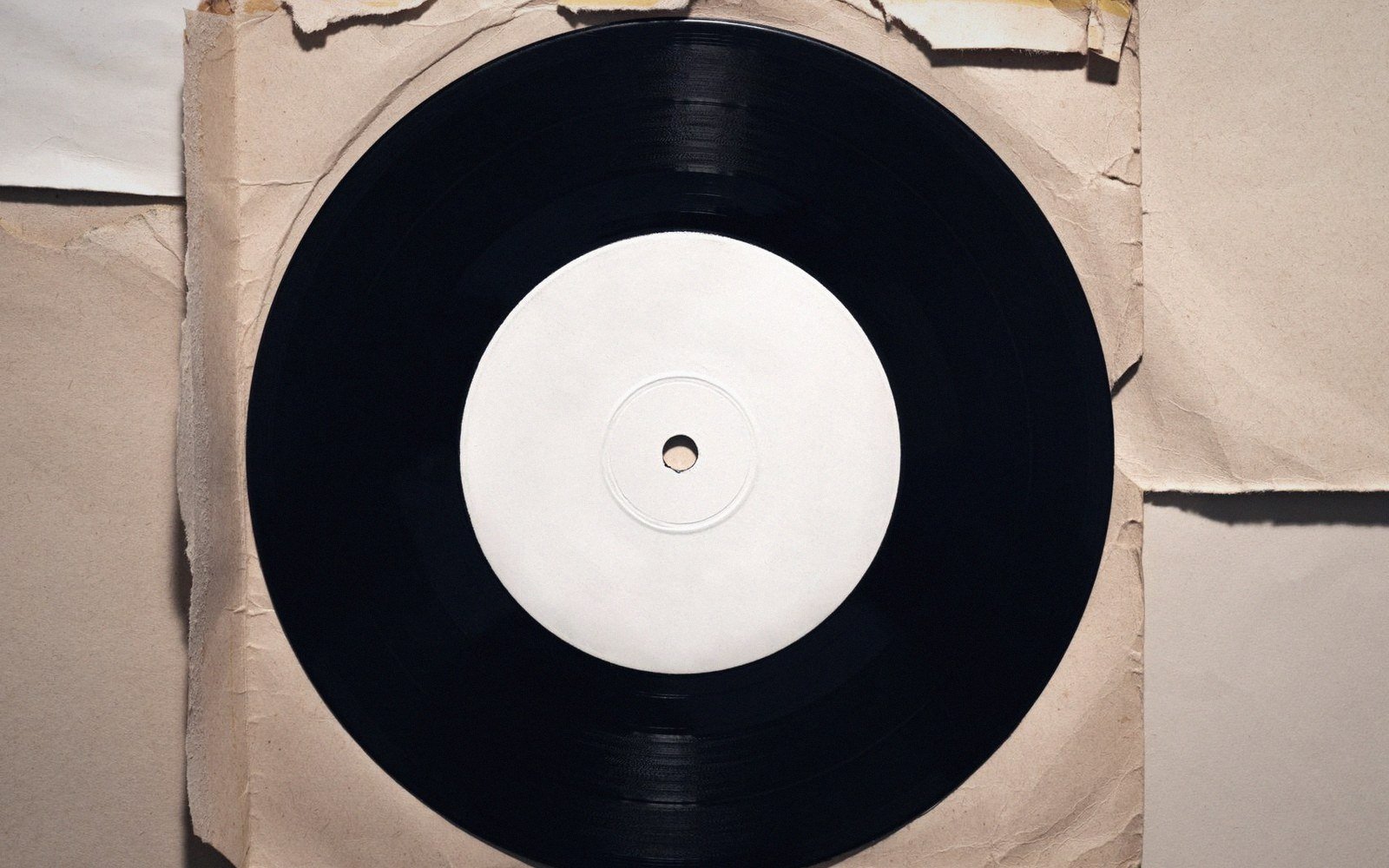 Vinyl record with a blank white label sits in a worn paper sleeve