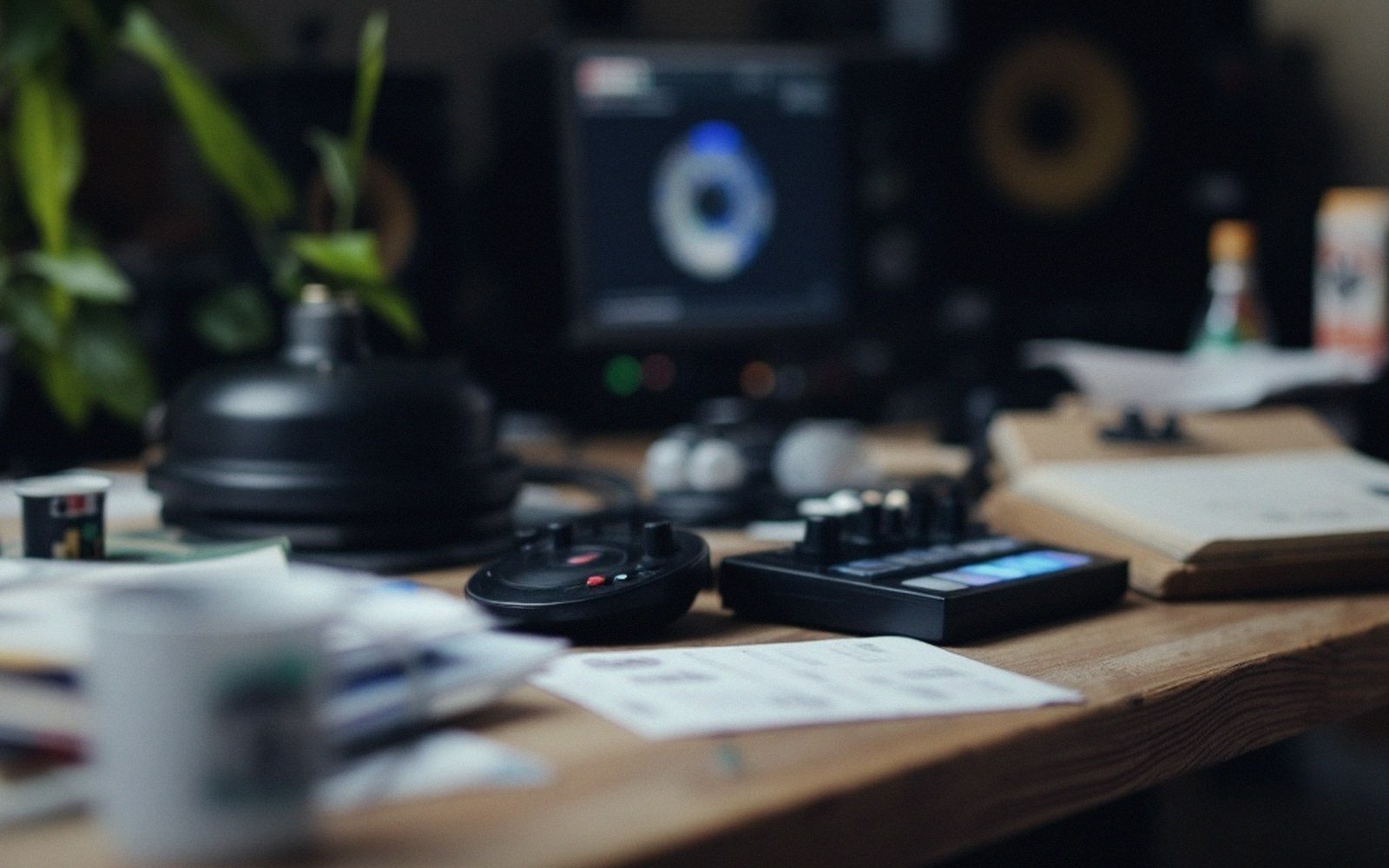 Studio desk with headphones, audio interface, and a monitor showing waveform software