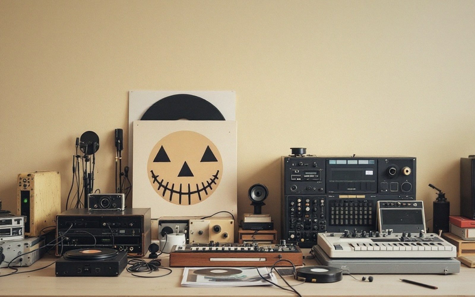 Vinyl record with a smiling face design displayed among vintage synthesizers and tape machines