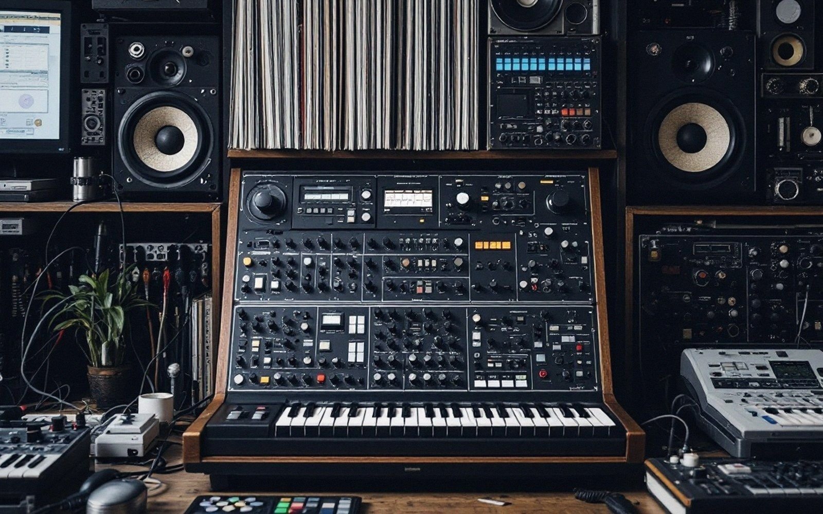 A vintage synthesizer keyboard surrounded by studio speakers, record crates and rack gear