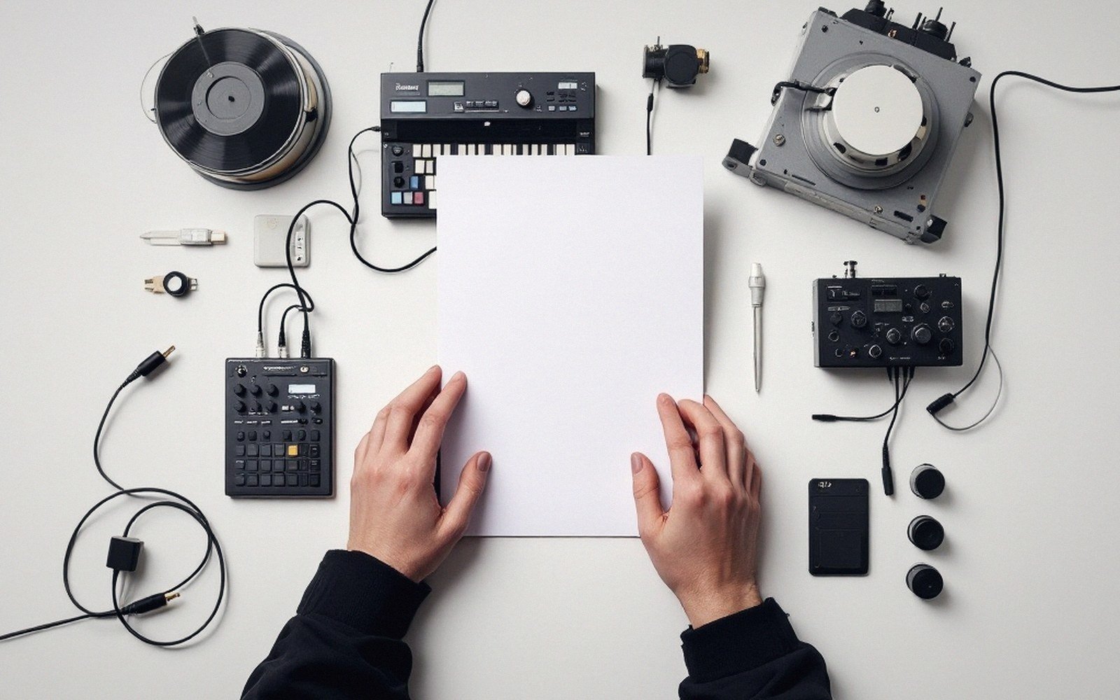 Hands holding a blank sheet of paper surrounded by turntables, synths and audio gear